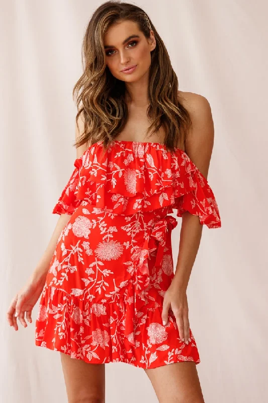 ladies-floral-dress-boho-bloom-Audrina Off-Shoulder Wrap Dress Floral Print Red