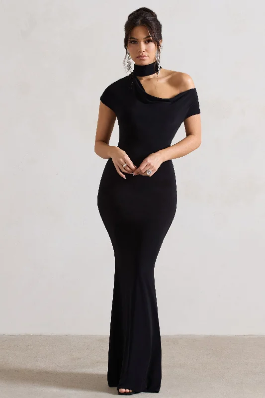 ladies-maxi-dress-date-night-dream-Margaux | Black One-Shoulder Maxi Dress With Halter-Collar