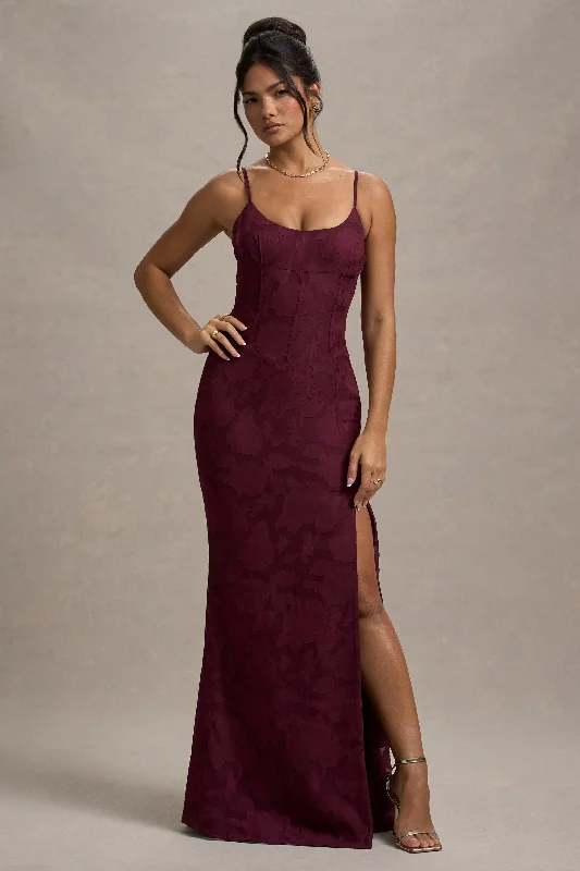 ladies-maxi-dress-brunch-bloom-Intimacy | Plum Lace Corset Split Maxi Dress