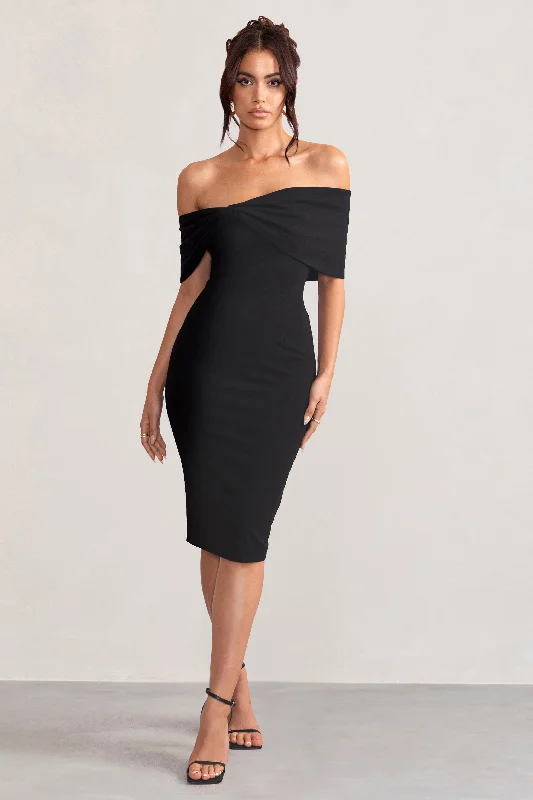 ladies-midi-dress-knee-high-chic-Alyssa | Black Bardot Bow Detail Midi Dress