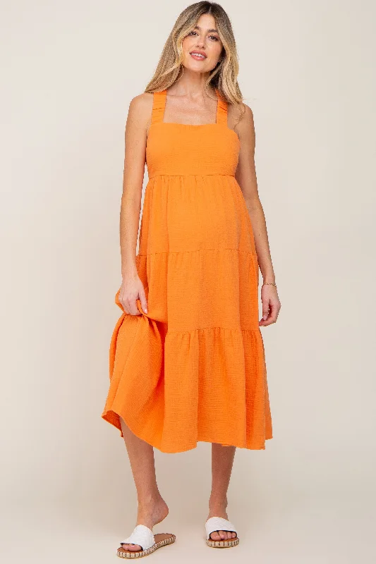 ladies-midi-dress-beaded-beauty-Neon Orange Tiered Crisscross Strap Maternity Midi Dress