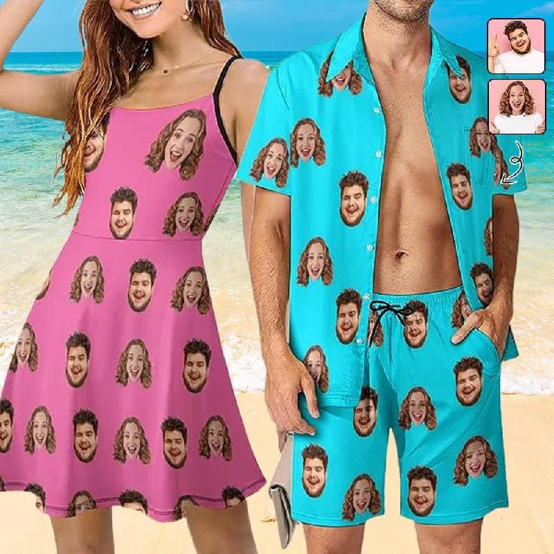 Women's shirt dress vine chic -Couple Hawaiian Dress Set Cruise Outfit Custom Face Multicolor Hawaiian Shirt Set&Dress