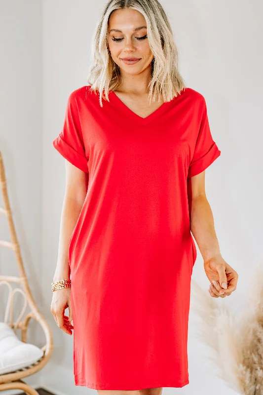 Women's shirt dress pleat pop -Everywhere You Go Ruby Red T-shirt Dress