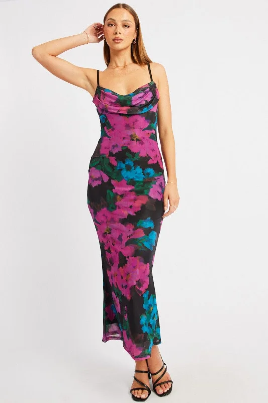 ladies-bodycon-dress-classic-contour-Pink Floral Bodycon Dress Singlet Cowl Neck Maxi