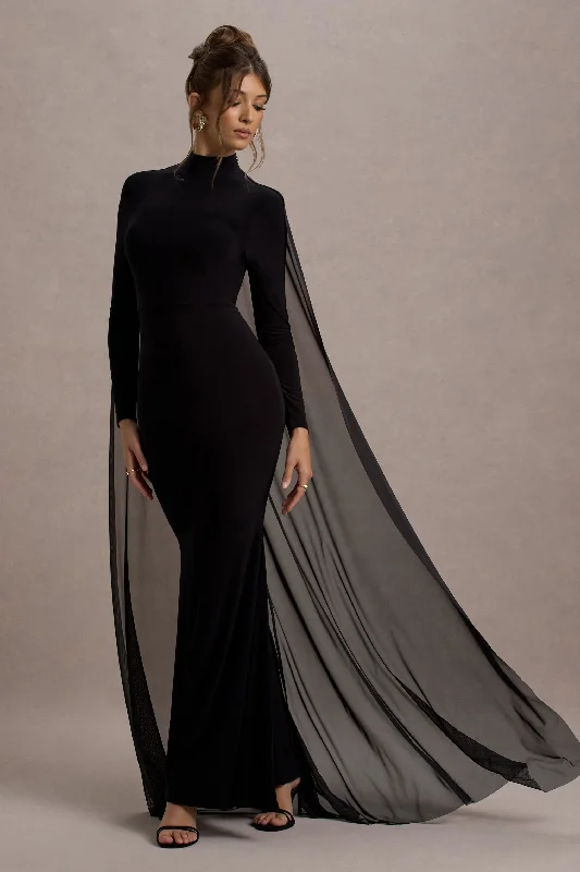 ladies-maxi-dress-daytime-drape-La Nuit | Black High-Neck Long-Sleeve Maxi Dress With Cape