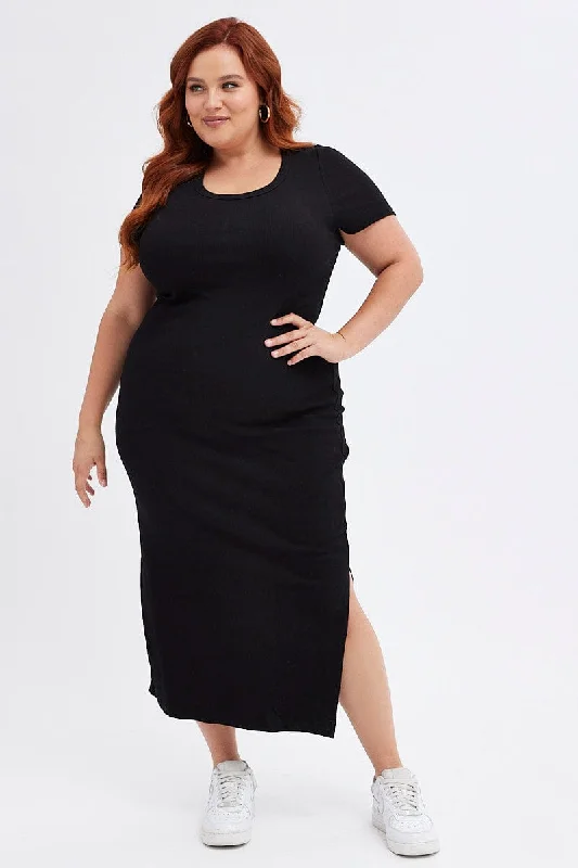 ladies-bodycon-dress-slate-sizzle-Black Bodycon Dress Short Sleeve Midi Rib