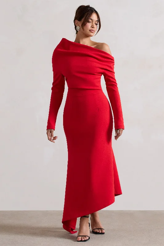 ladies-maxi-dress-prom-prance-Lou | Red One-Shoulder Asymmetric Maxi Dress