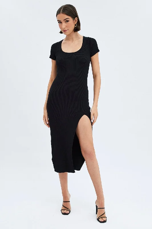 ladies-bodycon-dress-sleeveless-sleek-Black Knit Dress Short Sleeve Bodycon Midi