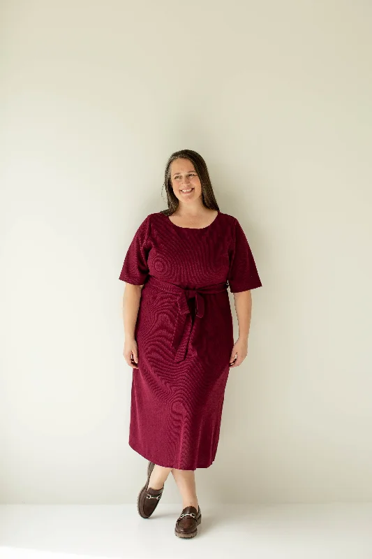 ladies-midi-dress-mint-majesty-Plus 'Ruby' Tie Waist Knit Midi Dress in Burgundy