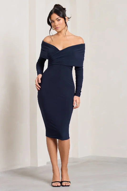 ladies-midi-dress-periwinkle-pride-Flatter Me | Navy Twist Front Bardot Midi Dress