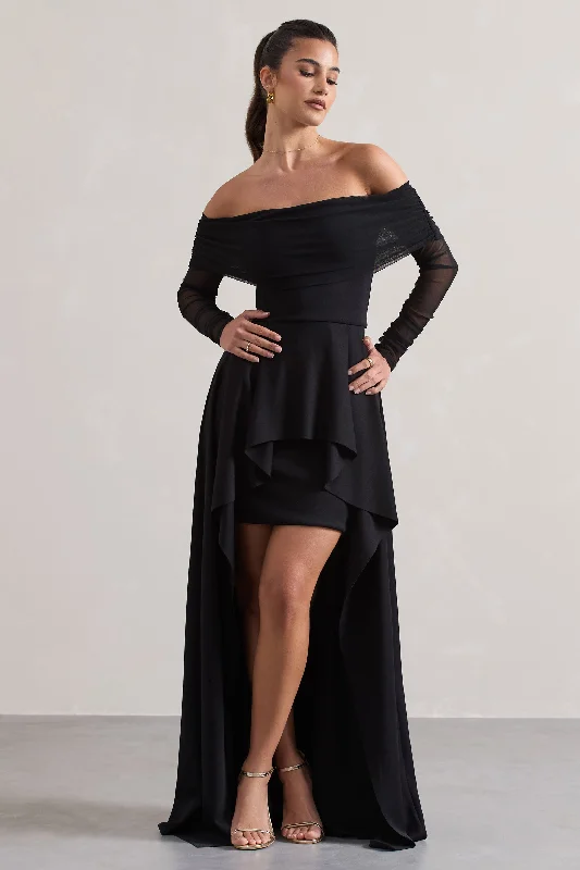 ladies-maxi-dress-plus-size-poise-Lunara | Black Bardot High-Low Maxi Dress