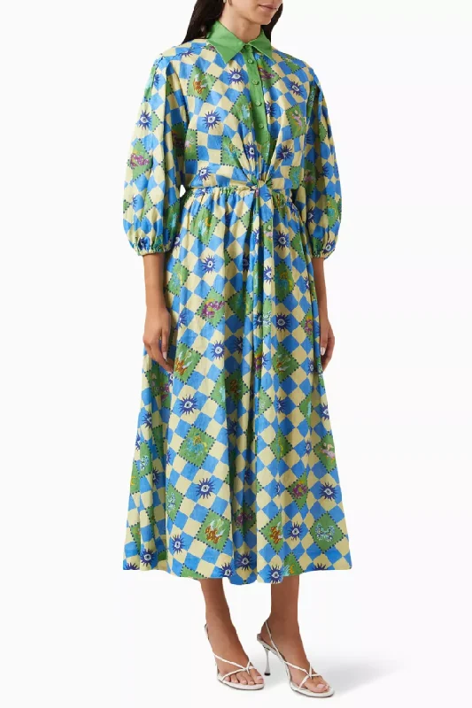 Women's shirt dress morn flair -Travel Around The World Unique Print Balloon Sleeve Belt Shirt Midi Dress