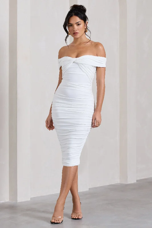 ladies-midi-dress-ruched-rhythm-Gratitude | White Off The Shoulder Ruched Midi Dress