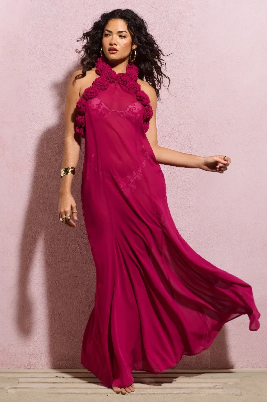 ladies-maxi-dress-linen-light-Naelya | Dark Pink Chiffon Halter-Neck Maxi Dress With Corsages