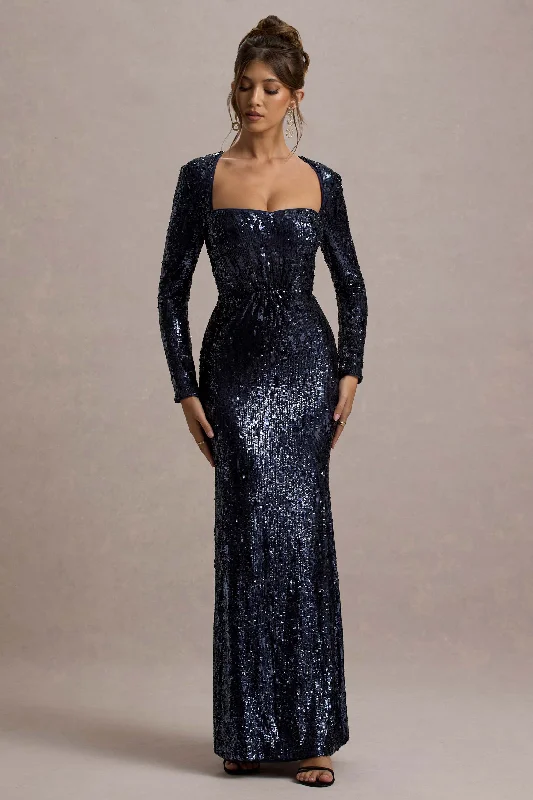 ladies-maxi-dress-sepia-sweep-Ensley | Navy Sequin Sweetheart Long-Sleeve Maxi Dress