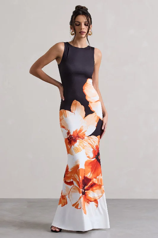 ladies-maxi-dress-elastic-ease-Micah | Black & Orange Floral Print Racer-Neck Maxi Dress