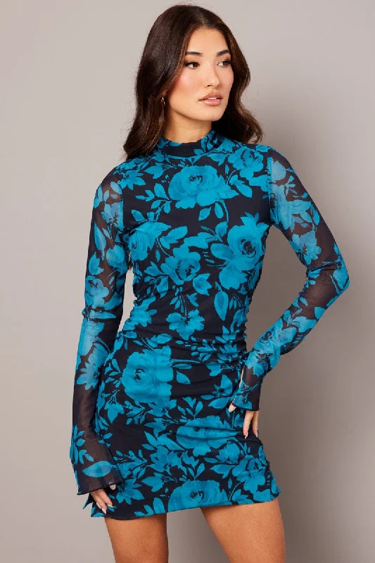 ladies-bodycon-dress-plunge-pop-Blue Abstract Bodycon Dress High Neck Mini Long Sleeve