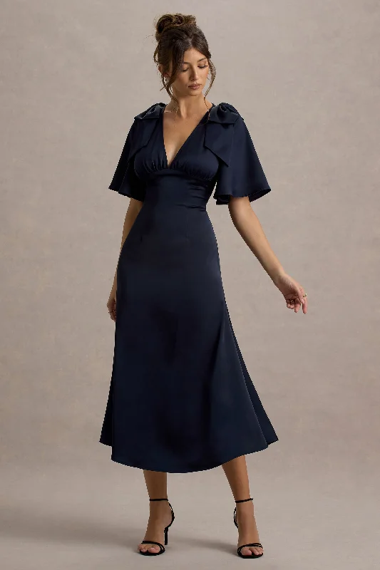 ladies-midi-dress-indigo-illume-Danna | Navy Satin V-Neck Short-Sleeve Midi Dress