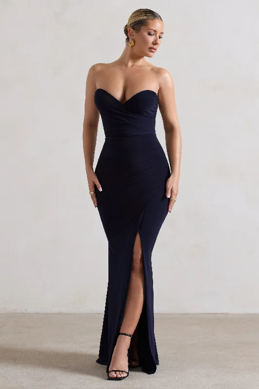 ladies-maxi-dress-caramel-cascade-Saphira | Navy Strapless Wrap Maxi Dress