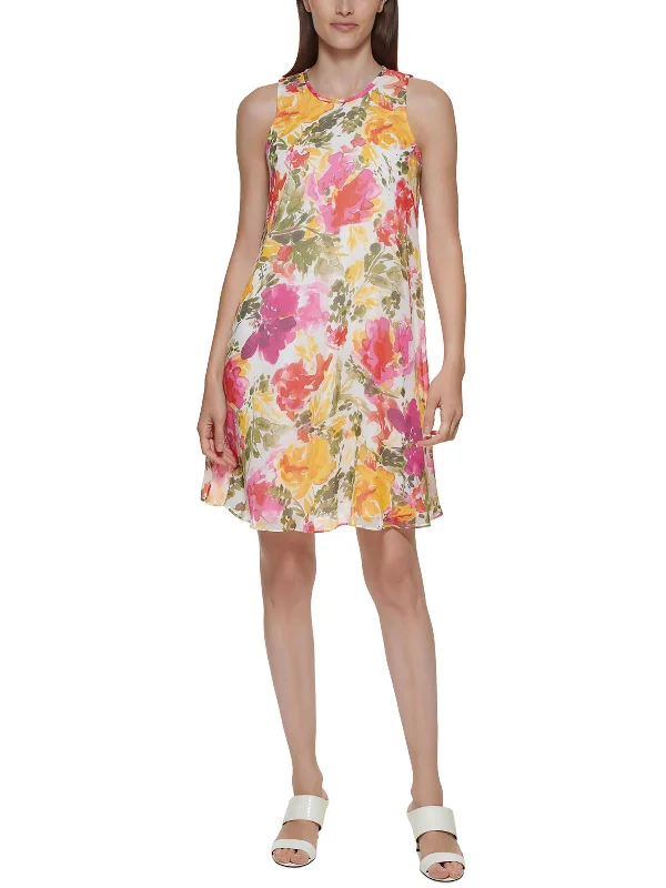 ladies-floral-dress-botanical-bloom-Petites Womens Chiffon Floral Sheath Dress