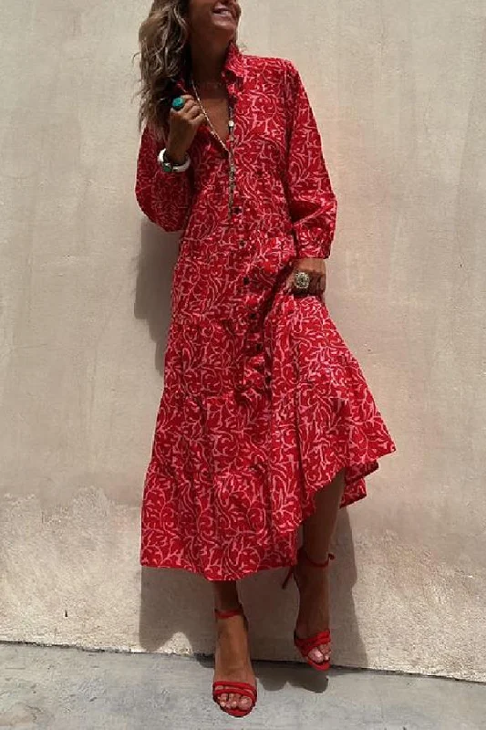 Women's shirt dress edge glow -Kenlee Printed Button Up Long Sleeve A-line Shirt Midi Dress