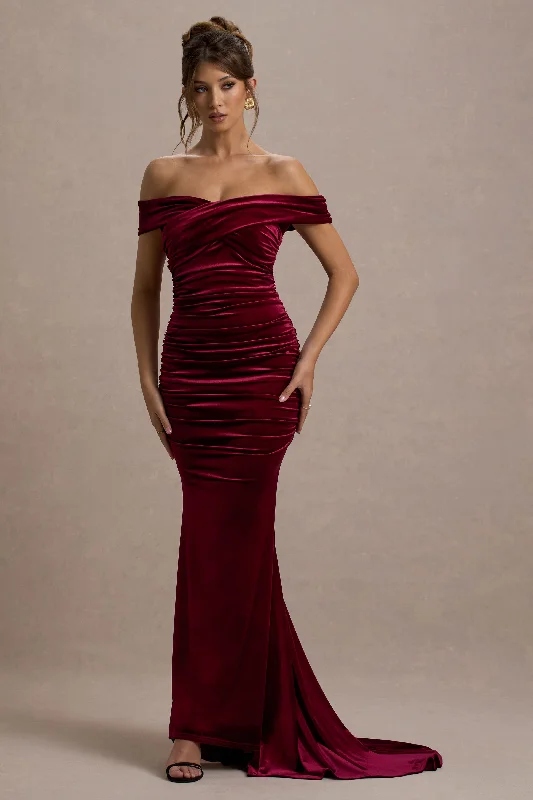 ladies-maxi-dress-travel-trend-Apolline | Berry Velvet Off The Shoulder Ruched Fishtail Maxi Dress