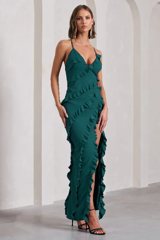 ladies-maxi-dress-olive-orchid-Run The World | Bottle Green Sweetheart Neckline Ruffle Maxi Dress