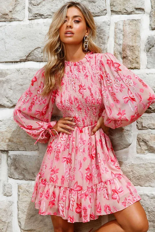 ladies-floral-dress-lace-leaves-Marja Long Balloon Sleeve Shirred Dress Floral Print Pink