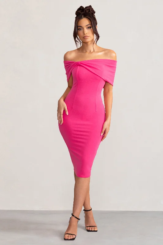 ladies-midi-dress-taupe-tide-Alyssa | Hot Pink Bardot Bow Detail Midi Dress