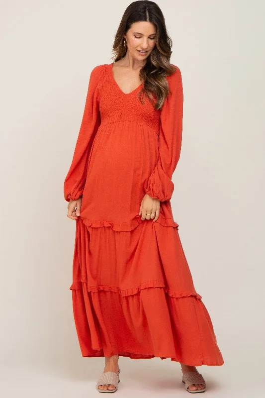 ladies-midi-dress-yellow-yield-Rust Smocked Tiered Maternity Midi Dress