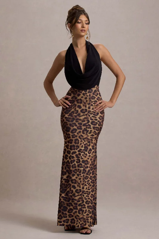 ladies-maxi-dress-statement-sweep-Krystal | Animal Print Deep Plunge-Neck Maxi Dress