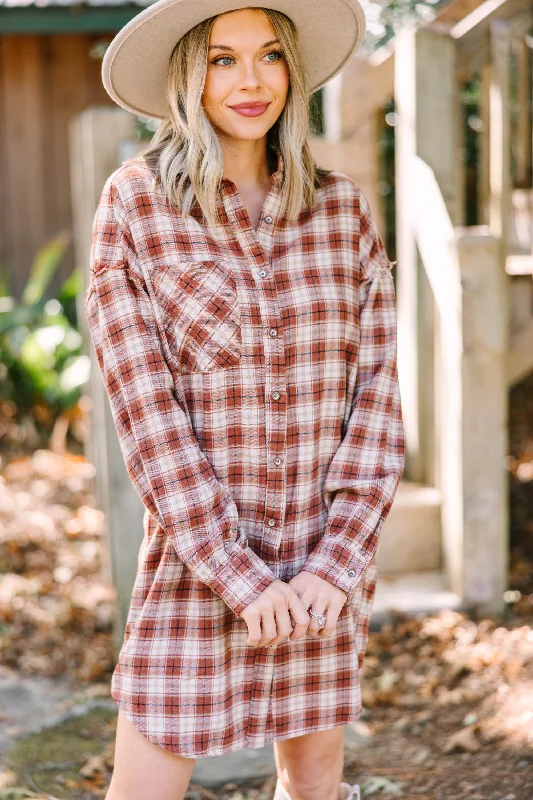 Women's shirt dress sip pop -Feeling Your Very Best Mocha Brown Plaid Shirt Dress