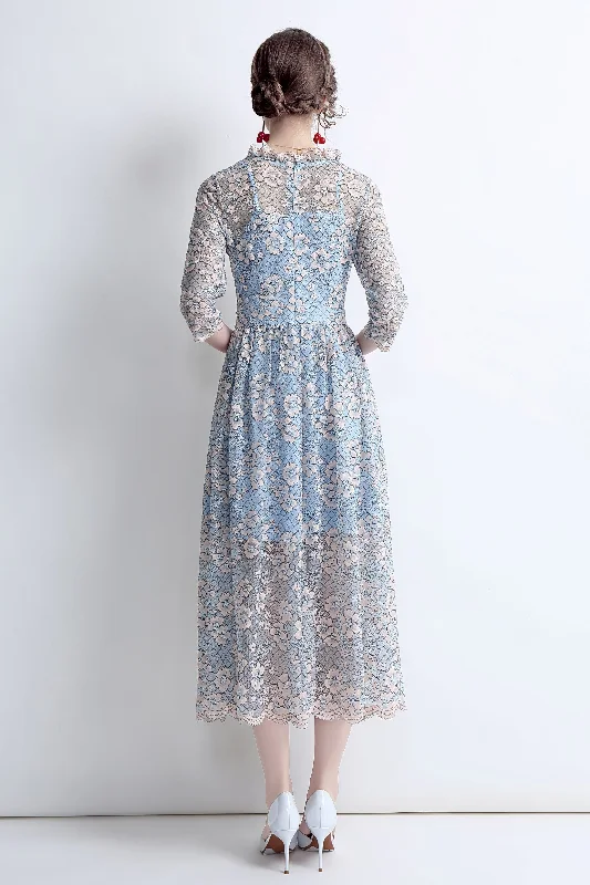 ladies-midi-dress-pleated-poetry-Pale blue Evening Lace A-line Crewneck Elbow Sleeve Midi Floral Dress