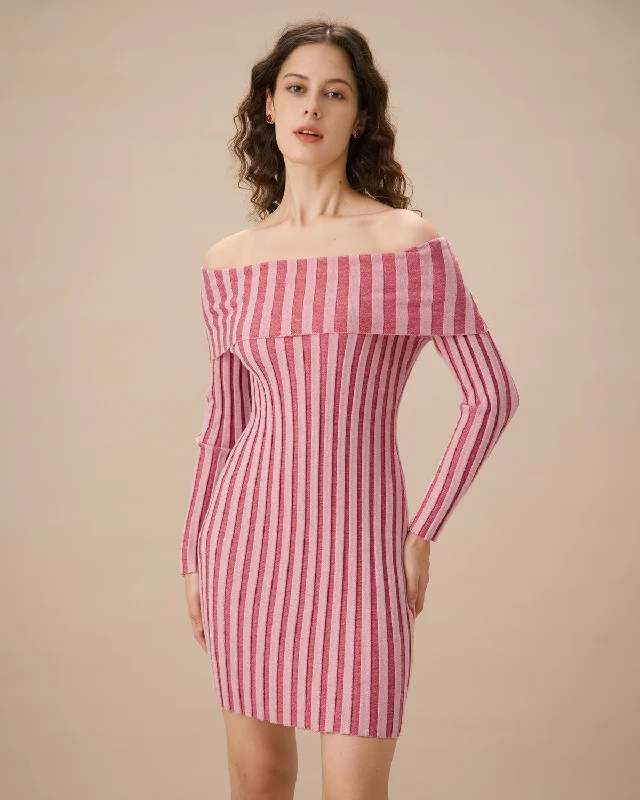 ladies-bodycon-dress-plunge-pop-Pink Striped Off The Shoulder Bodycon Sweater Dress