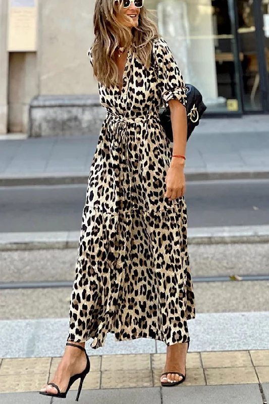 Women's shirt dress mall chic -Sipping In Sedona Leopard Shirt Maxi Dress