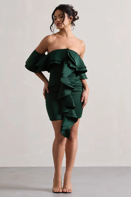 Women's mini dress wet chic -Aspen | Bottle Green Bardot Mini Dress With Ruffles