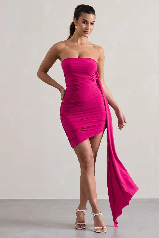 Women's mini dress date glow -Siena | Hot Pink Ruched Asymmetric Mini Dress With Sash