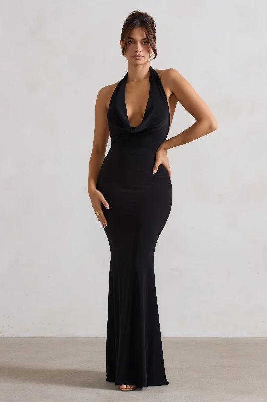 ladies-maxi-dress-insta-illume-Milani | Black Backless Cowl Neck Fishtail Maxi Dress