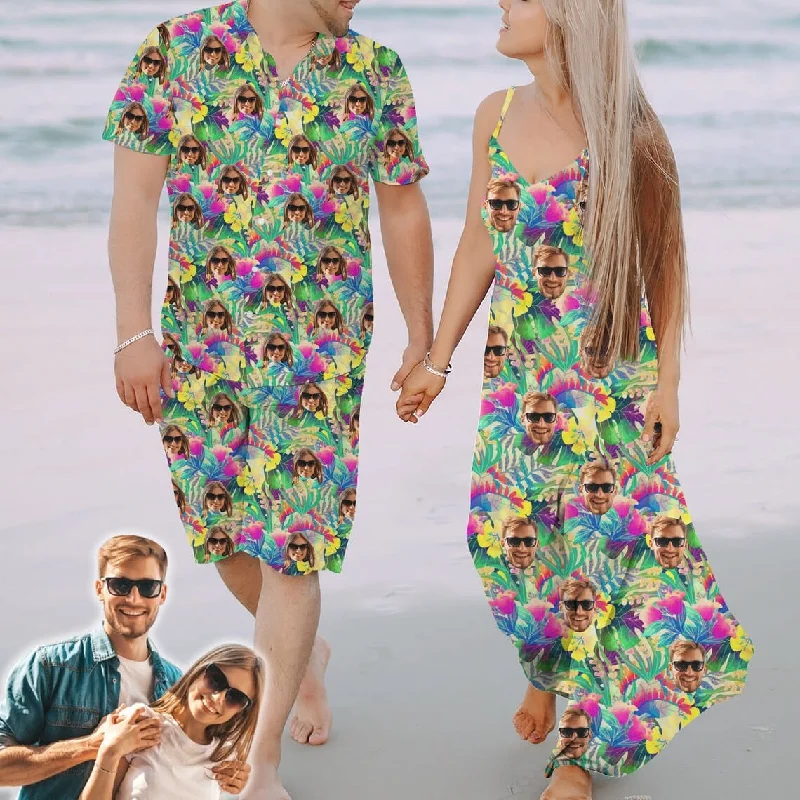 Women's shirt dress gap glow -Couple Hawaiian Dress Set Cruise Outfit Custom Face Colorful Flower Hawaiian Shirt Set&Dress