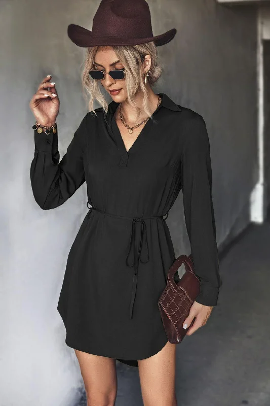 Women's shirt dress day chic -Belted Johnny Collar High-Low Shirt Dress