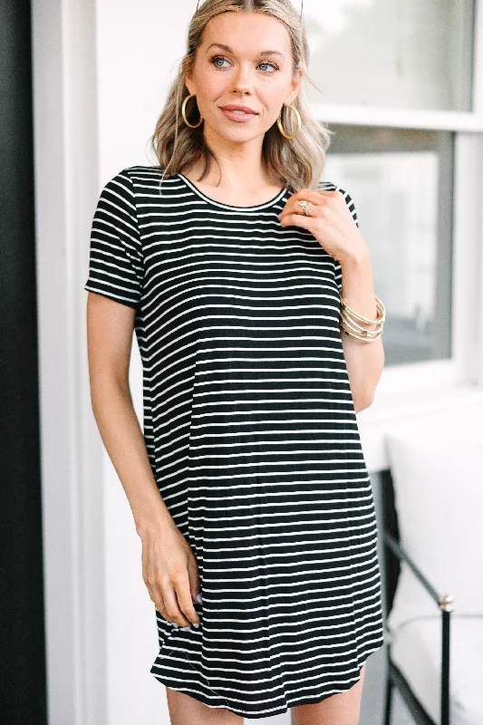 Women's shirt dress tide chic -Listen To Me Black Striped T-shirt Dress