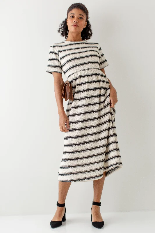 ladies-midi-dress-neon-nifty-'Lyric' Striped Crochet Knit Midi Dress in Cream