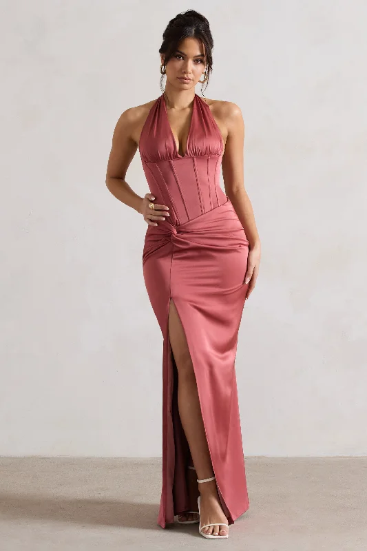 ladies-maxi-dress-bell-sleeve-bliss-Sacha | Rose Pink Satin Corset Style Maxi Dress With Wrap Skirt