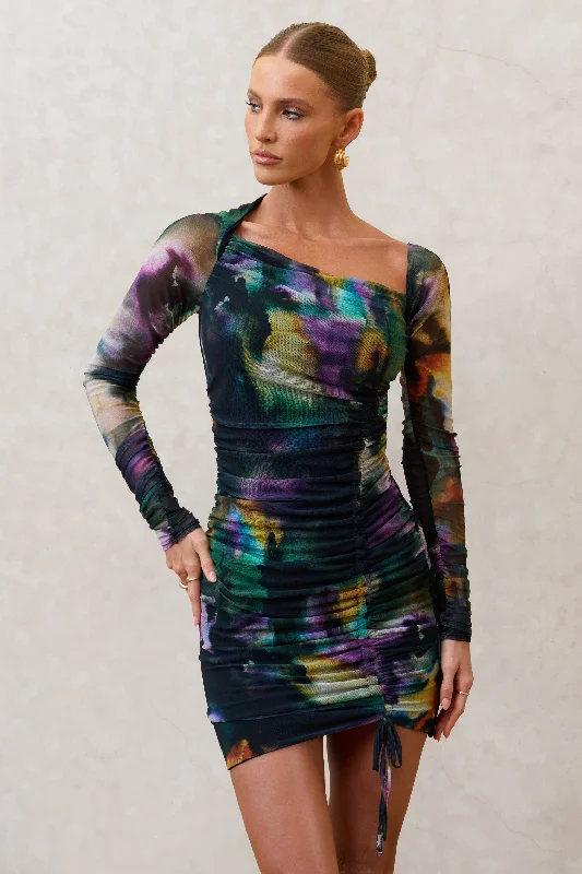 Women's mini dress cozy glow -Aphrodite | Watercolour Print Asymmetric Ruched Side Mini Dress