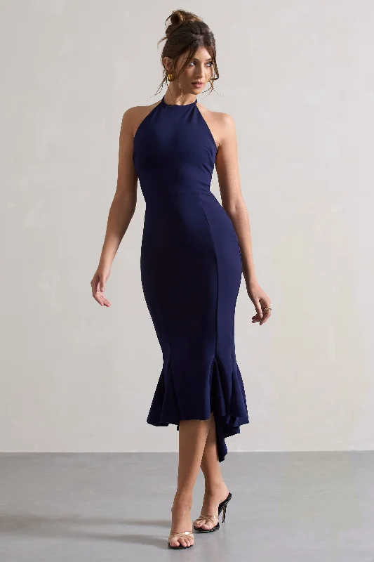 ladies-midi-dress-street-sweep-Maluma | Navy Halter-Neck Midi Dress