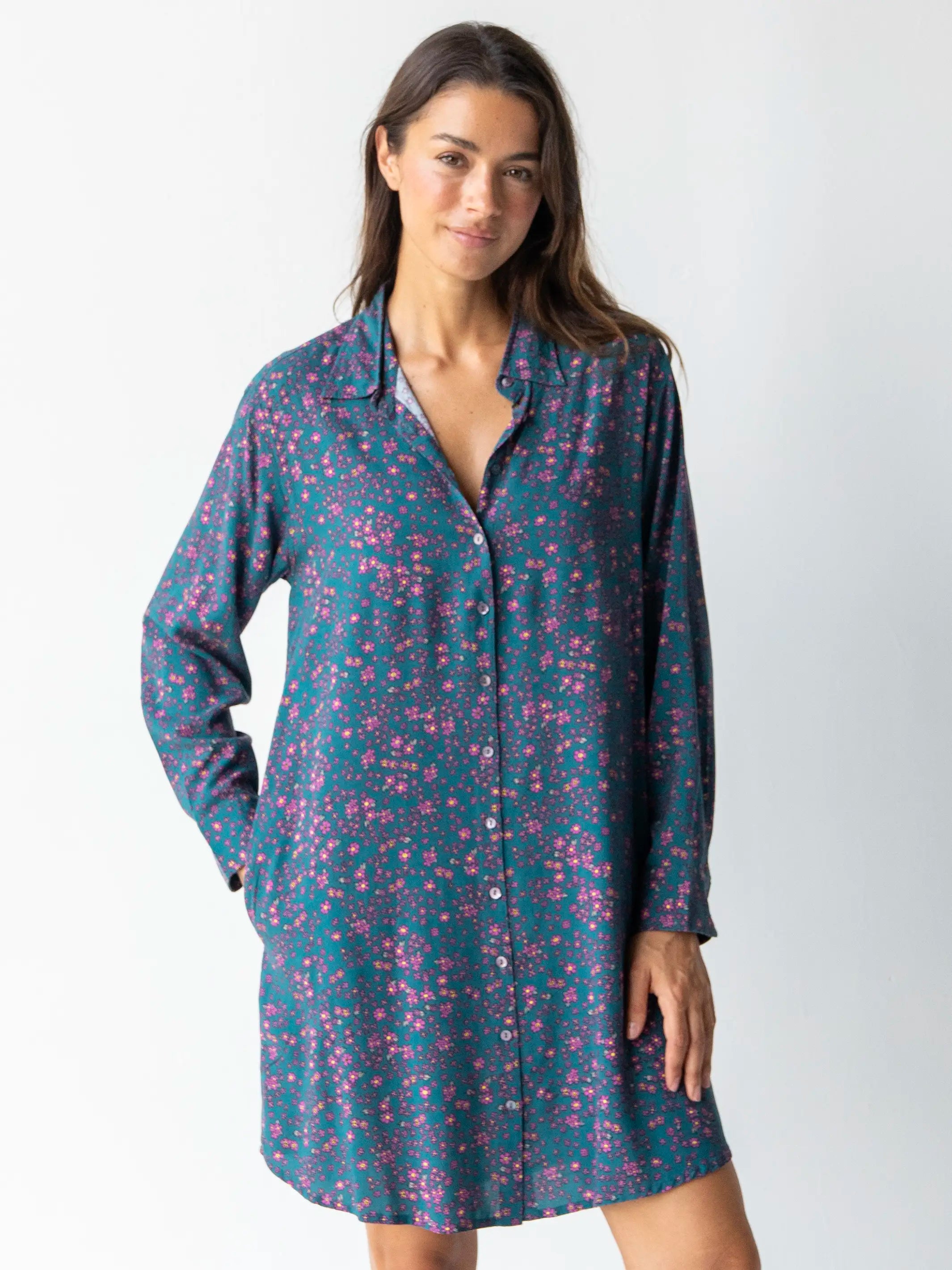 Women's shirt dress grid flair -Georgia Shirt Dress - Dark Teal Purple Floral