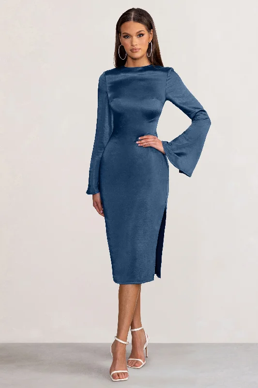 ladies-midi-dress-date-night-dream-Laura | Navy Satin Long-Sleeve Midi Dress