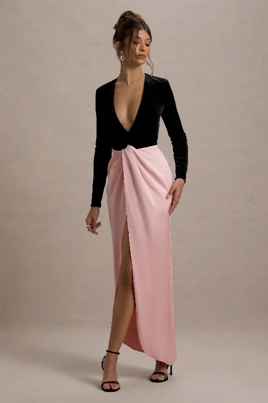 ladies-maxi-dress-opal-orchid-Love Spell | Black Velvet Plunge-Neck Maxi Dress With Pink Satin Skirt