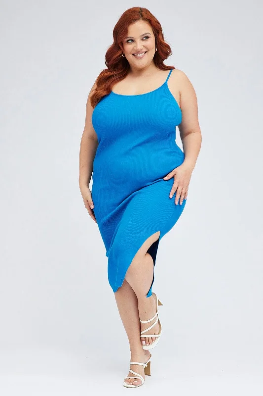 ladies-bodycon-dress-sunset-snap-Blue Midi Knit Bodycon Dress Scoop Neck Sleeveless