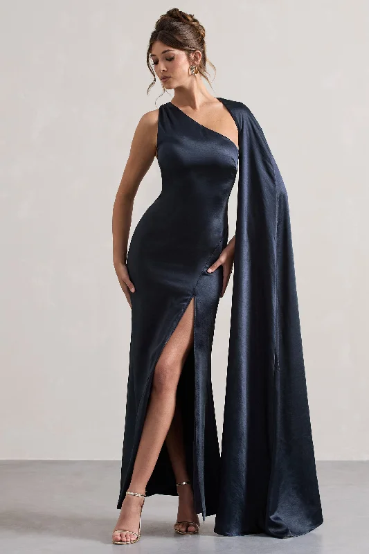 ladies-maxi-dress-shimmer-sweep-Gala | Navy Satin One-Shoulder Cape Sleeve Split Maxi Dress